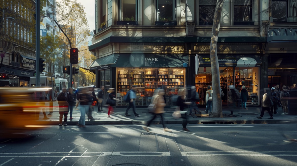 Busy Melbourne street with passing traffic and pedestrians.