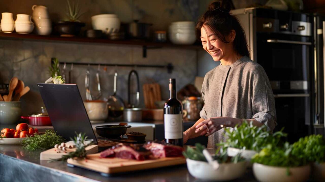 Woman cooking while using laptop in kitchen