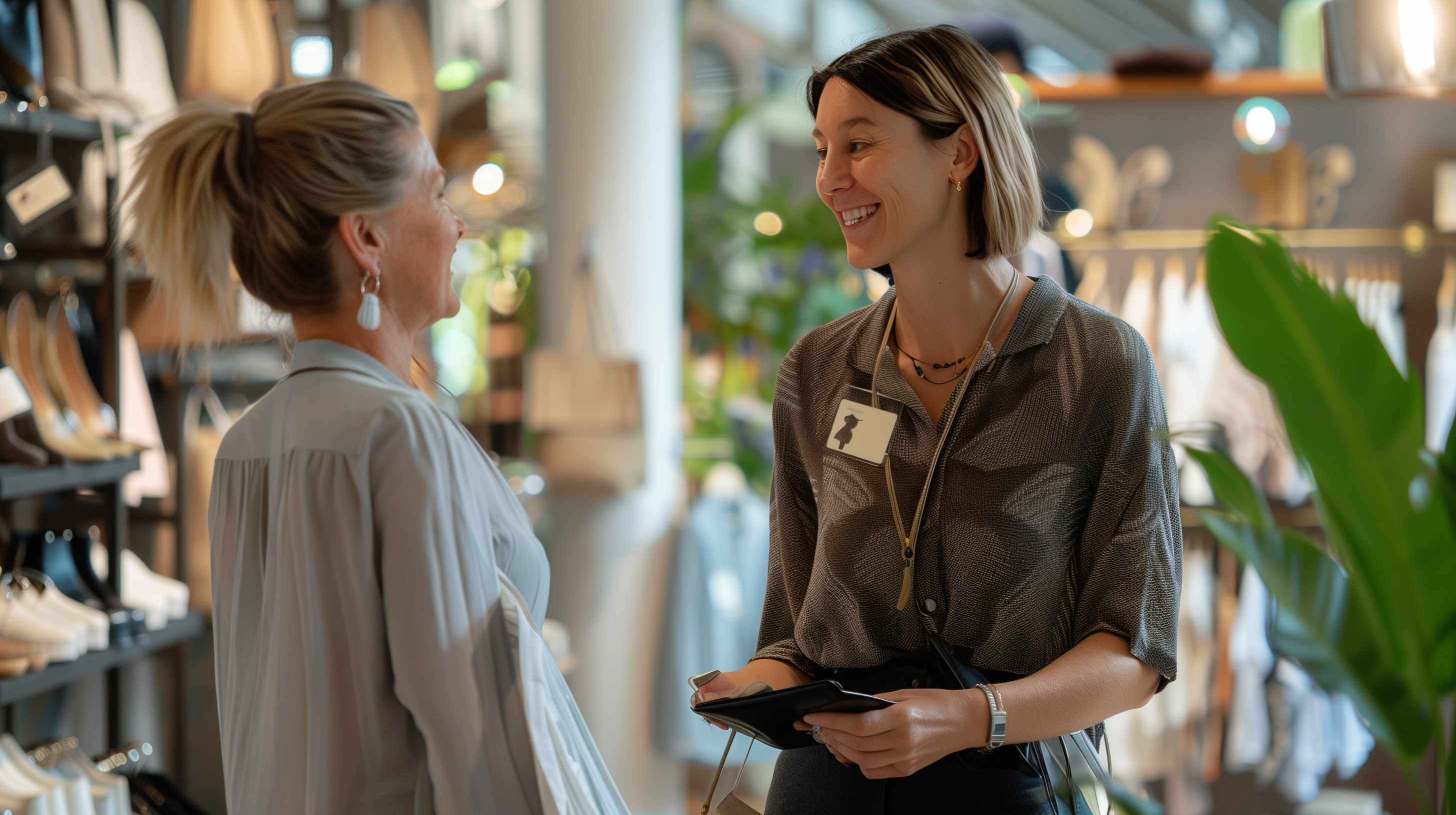 Retail employee assisting customer in stylish indoor shop