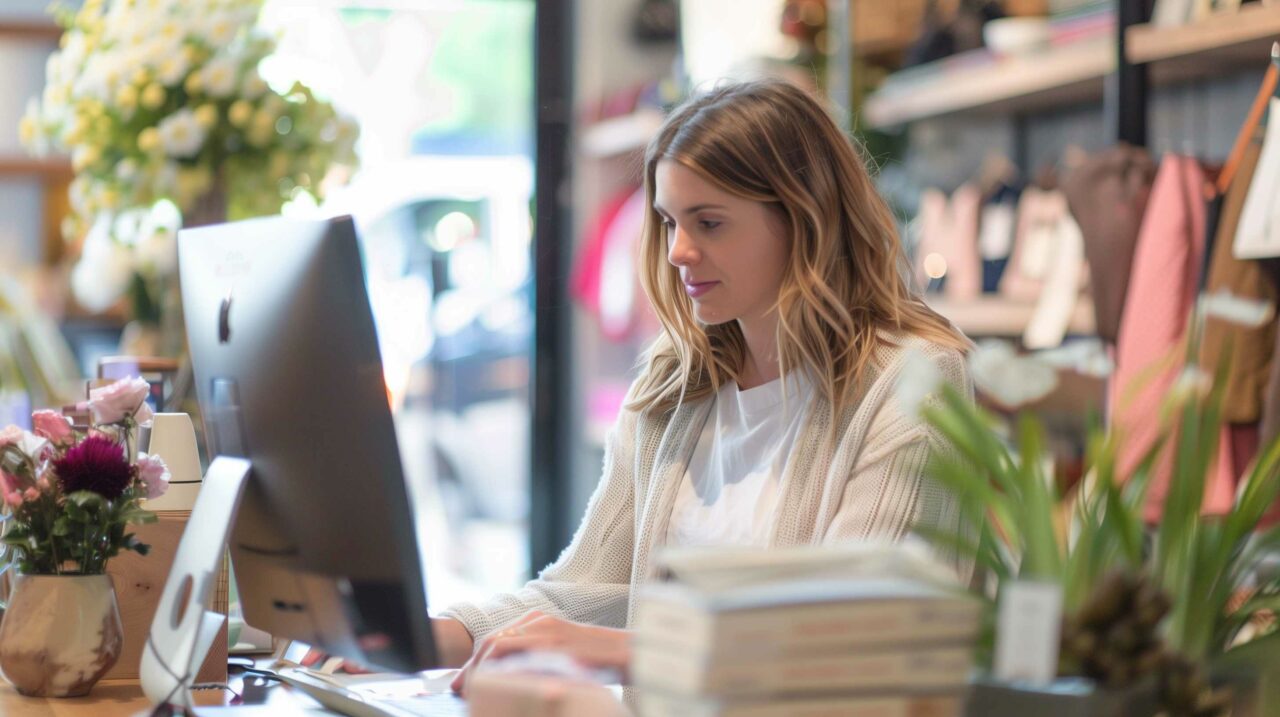 Woman working on computer in sunlit boutique