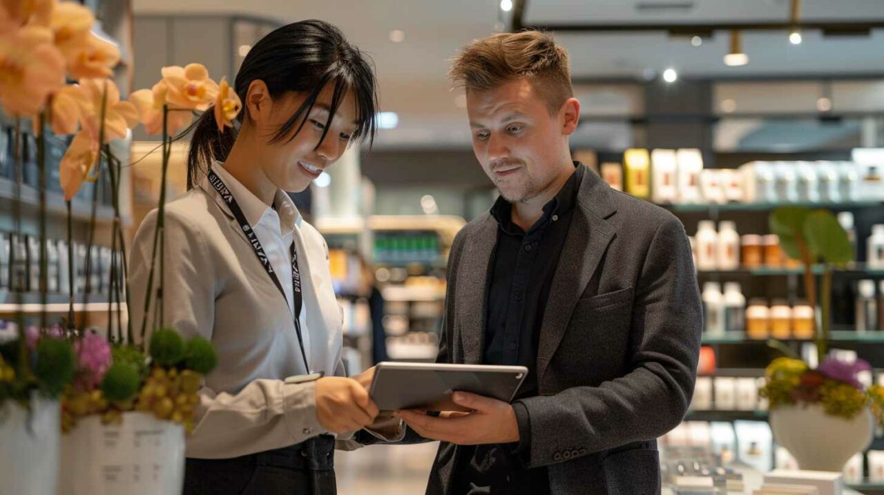 Two professionals discussing data on tablet in store