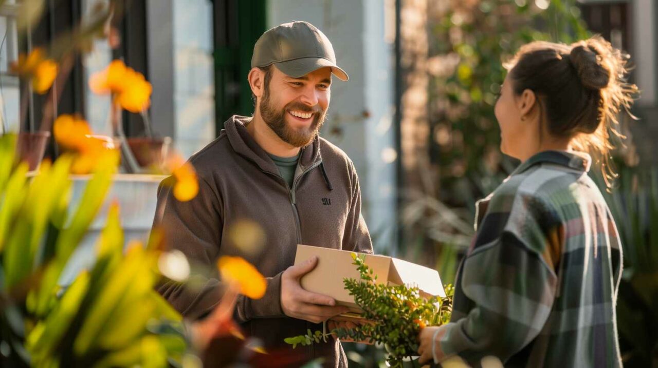 Man delivers box of plants to smiling woman outdoors