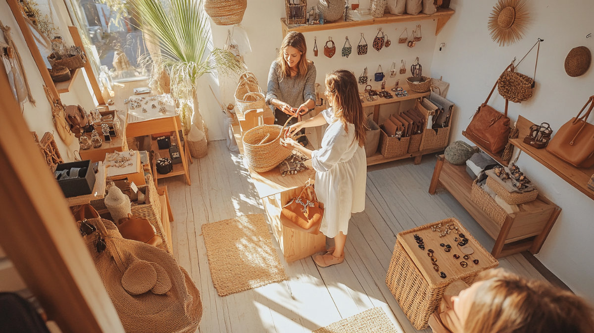 Women shopping in sunlit boutique with handmade accessories