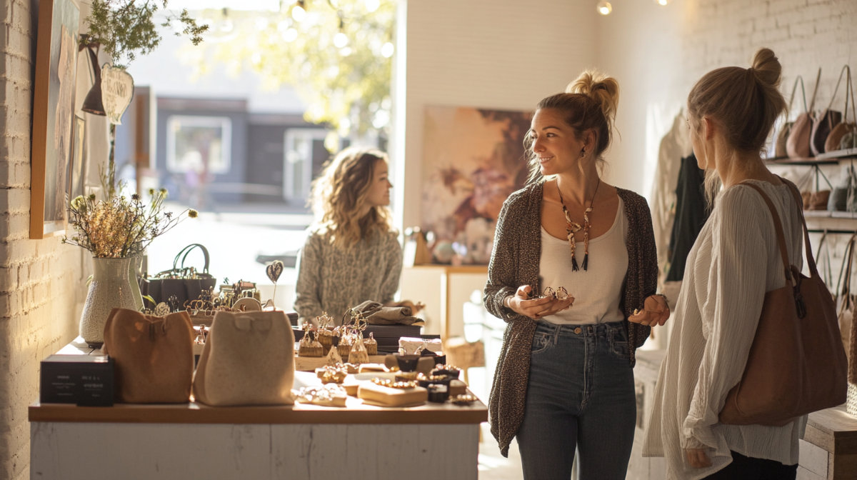 Women browsing boutique accessories in sunlit shop