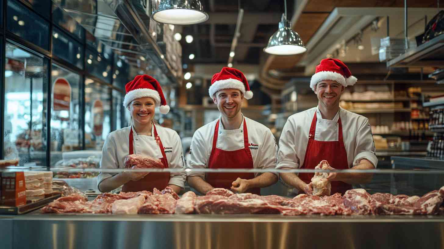 Butchers in Santa hats serving meat at Christmas market