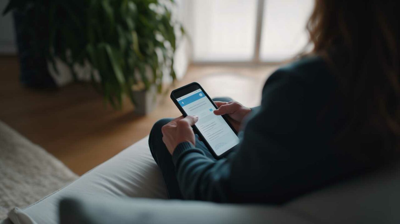 Person using smartphone indoors, cozy setting