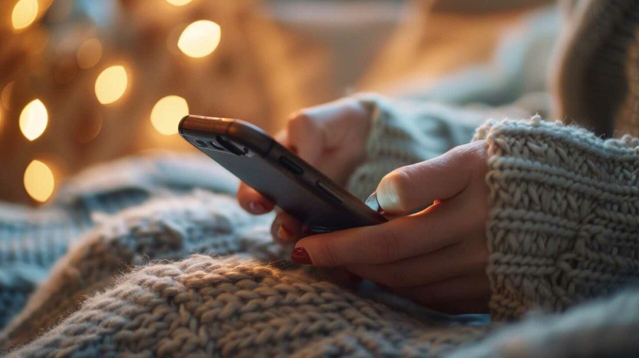 Cozy scene with smartphone and soft blanket