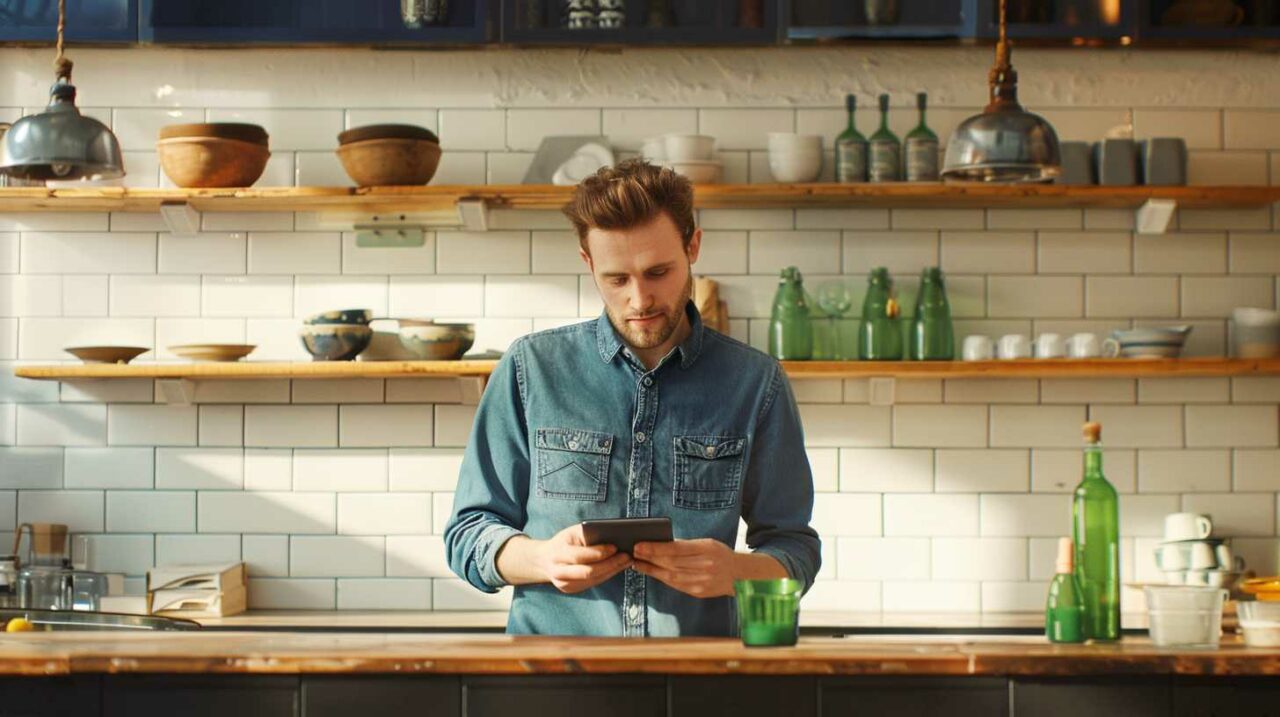 Man in denim shirt using tablet in sunny kitchen.