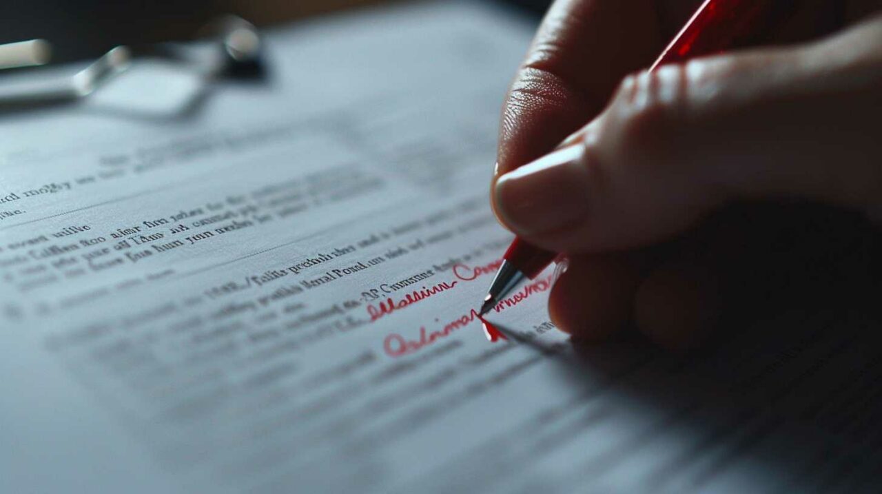 Person editing document with red pen, close-up view