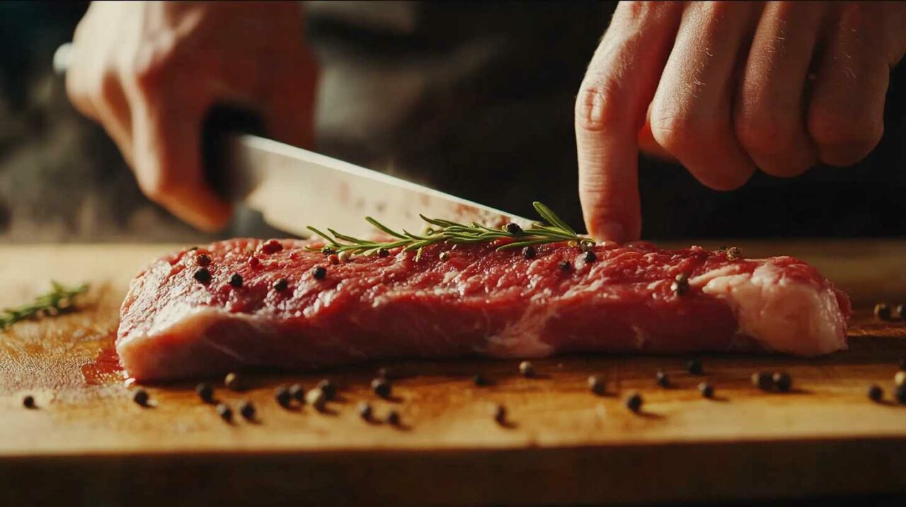 Chef seasoning steak with rosemary and peppercorns