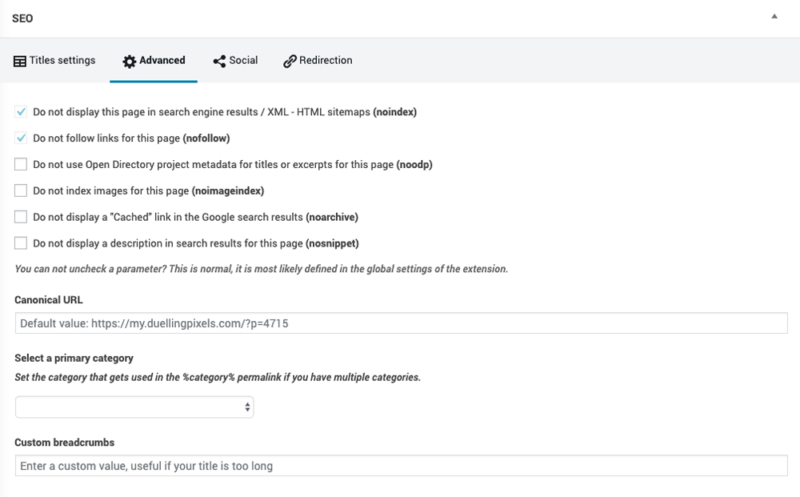 On Page SEO Advanced Settings Duelling Pixels