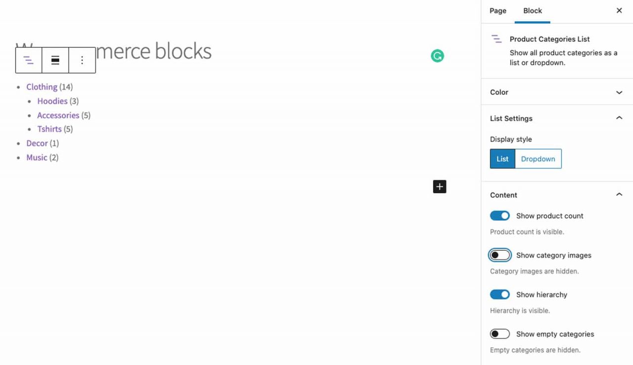 woocommerce blocks categories list