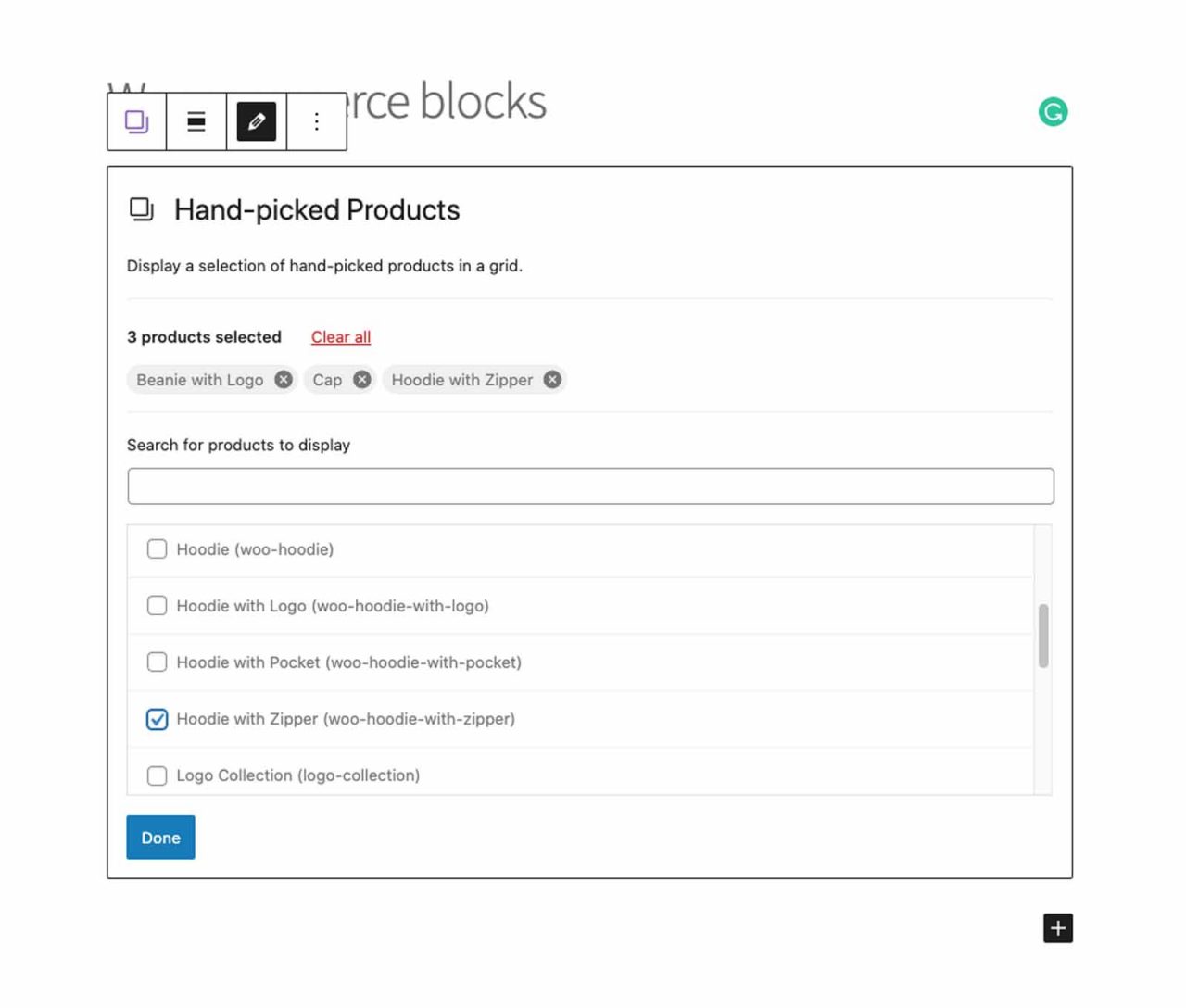 woocommerce blocks hand picked products