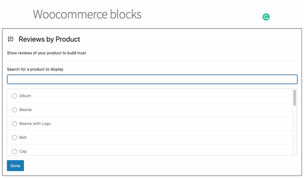 woocommerce blocks reviews by product