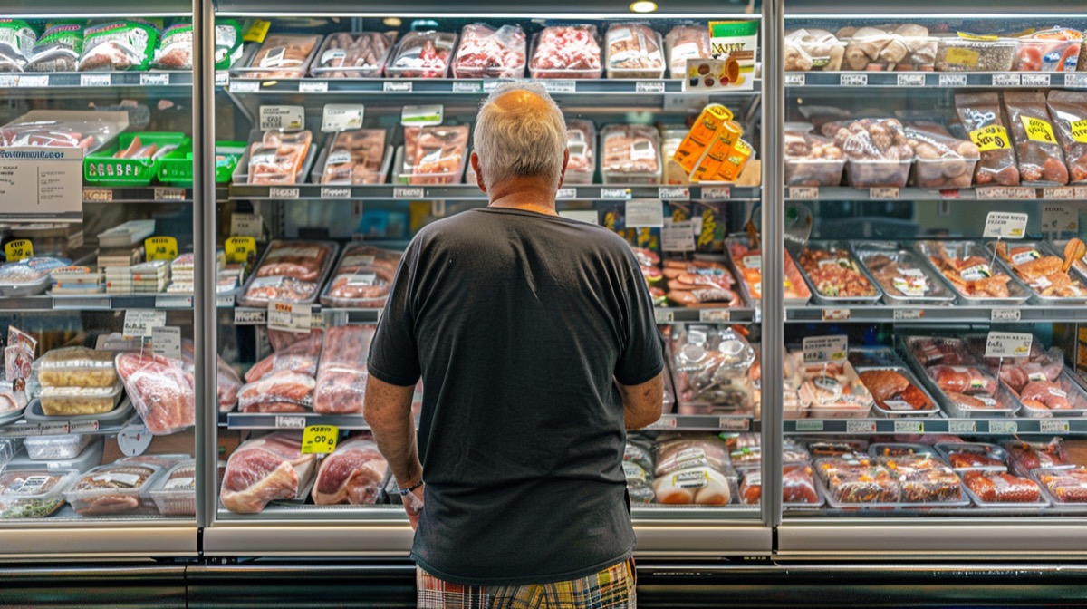 Man browsing meat section in Australian supermarket.