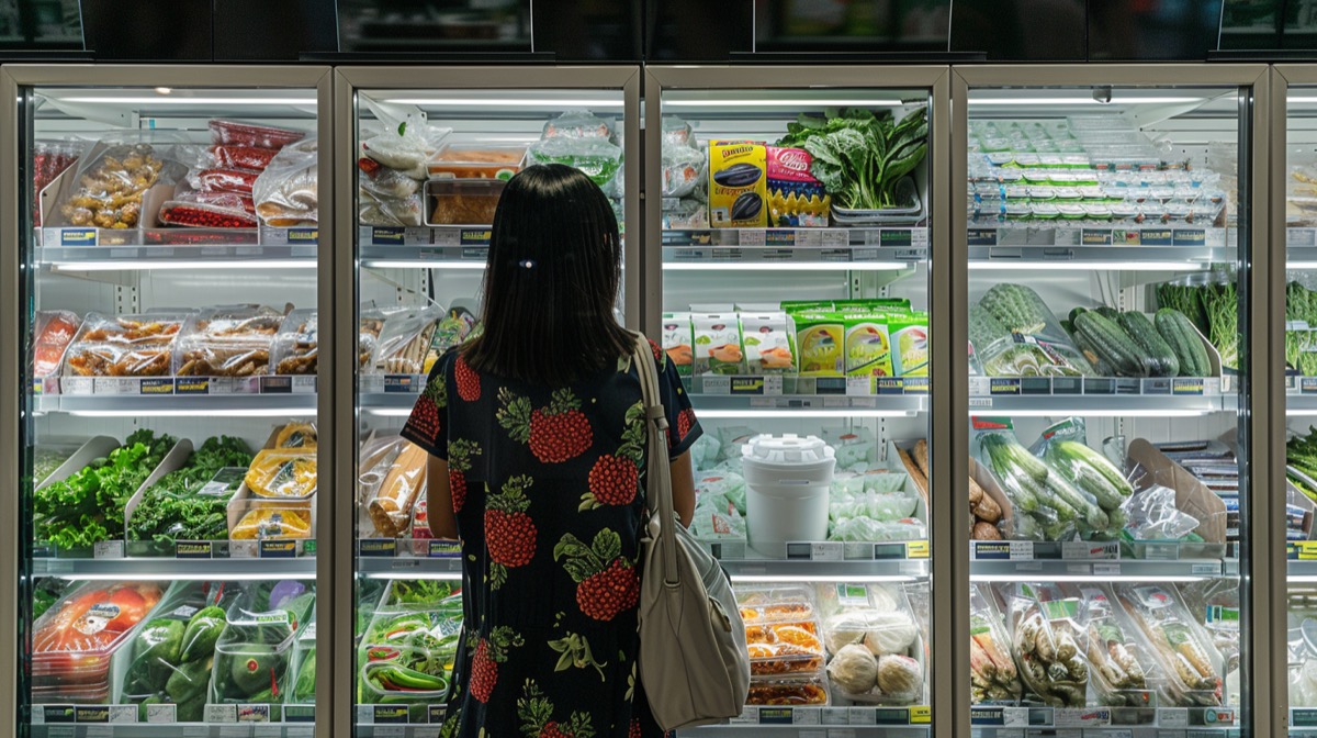 Woman browsing various foods in supermarket fridge aisle.