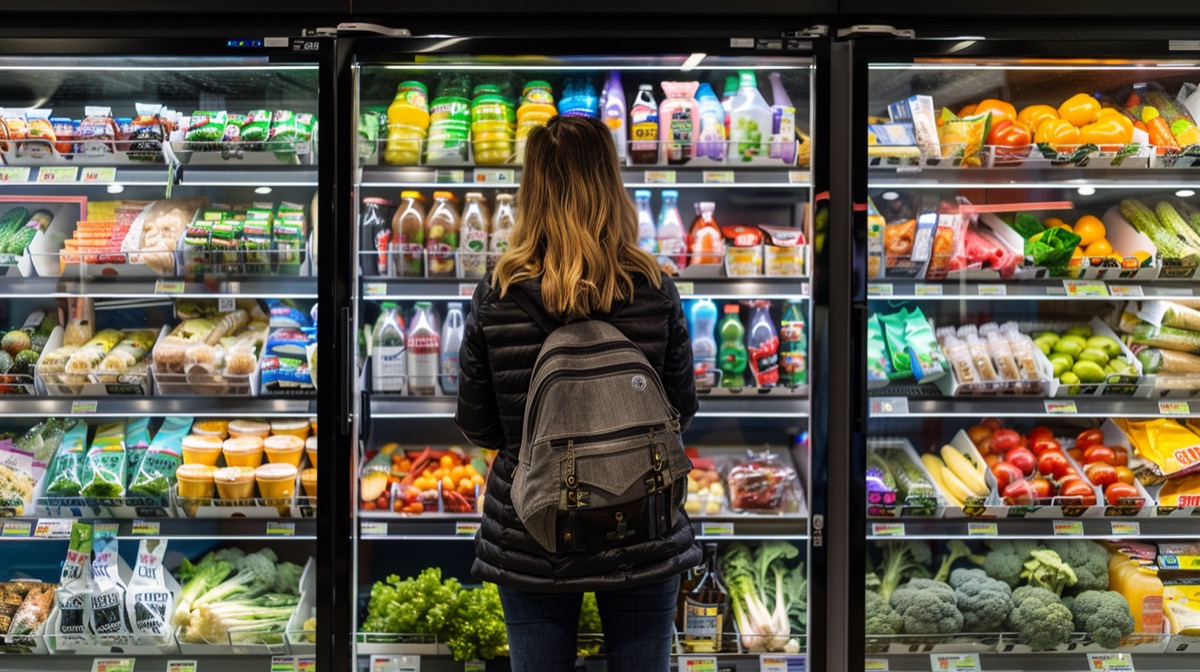 Woman browsing various fresh groceries in supermarket fridge.