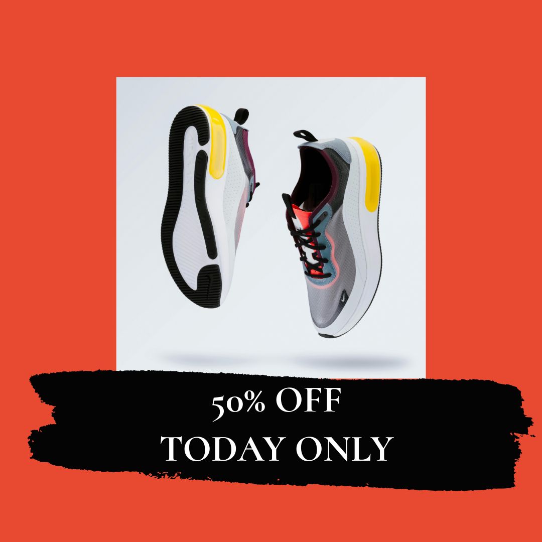 Sporty sneakers sale advertisement, 50% discount today only