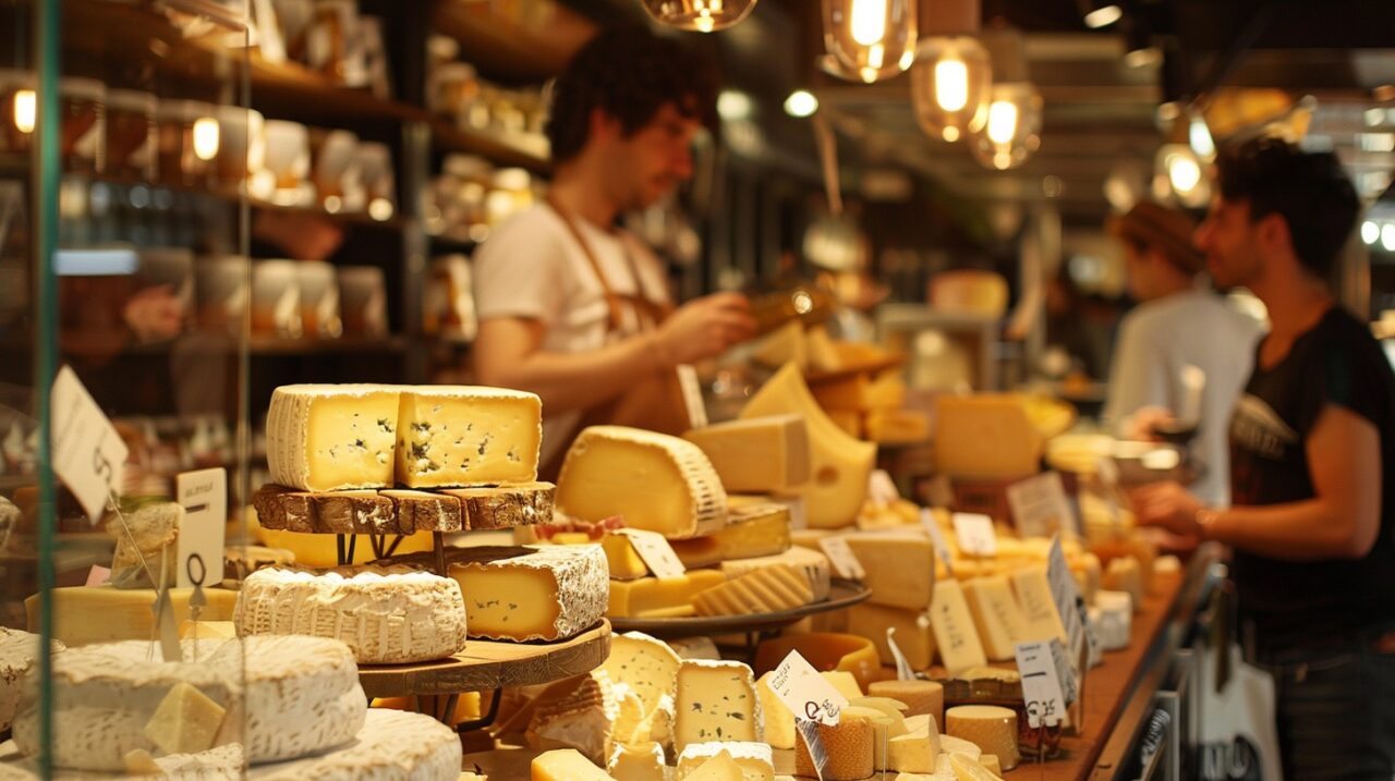 Customers browsing variety of cheeses at market