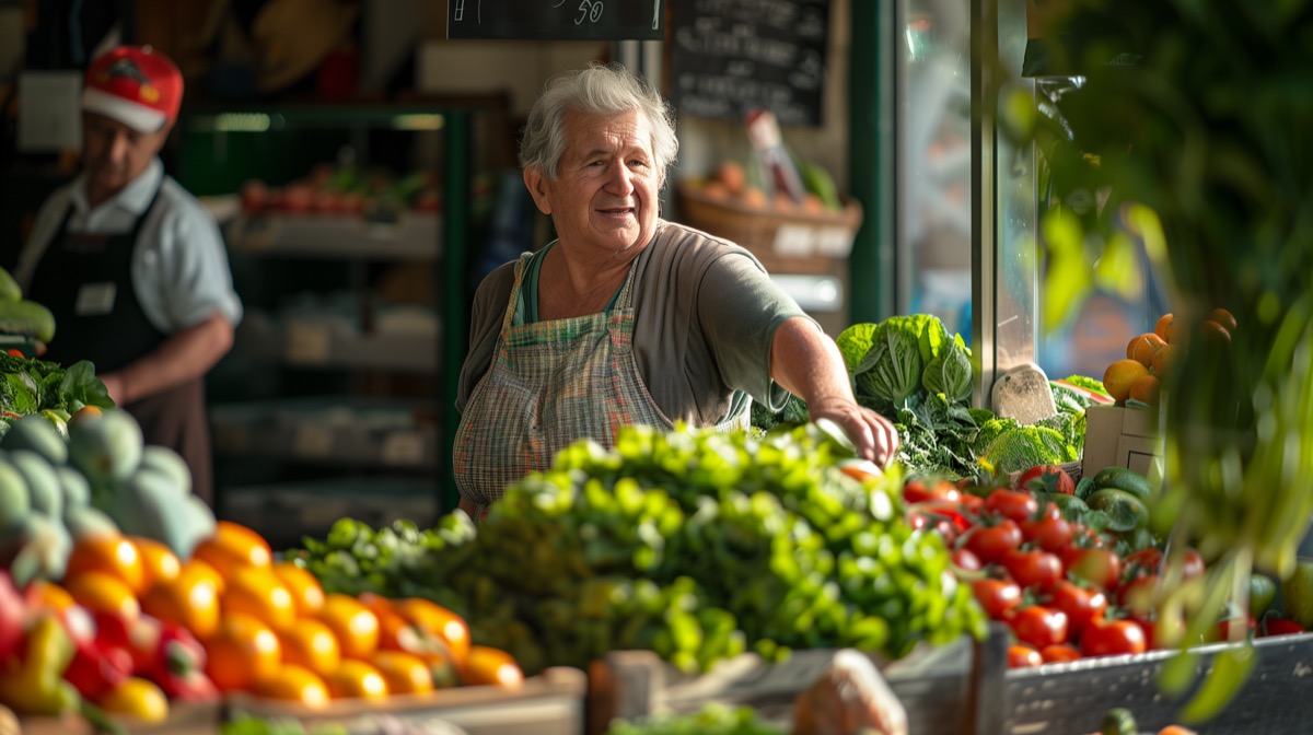 Elderly woman selecting vegetables at Australian market stall