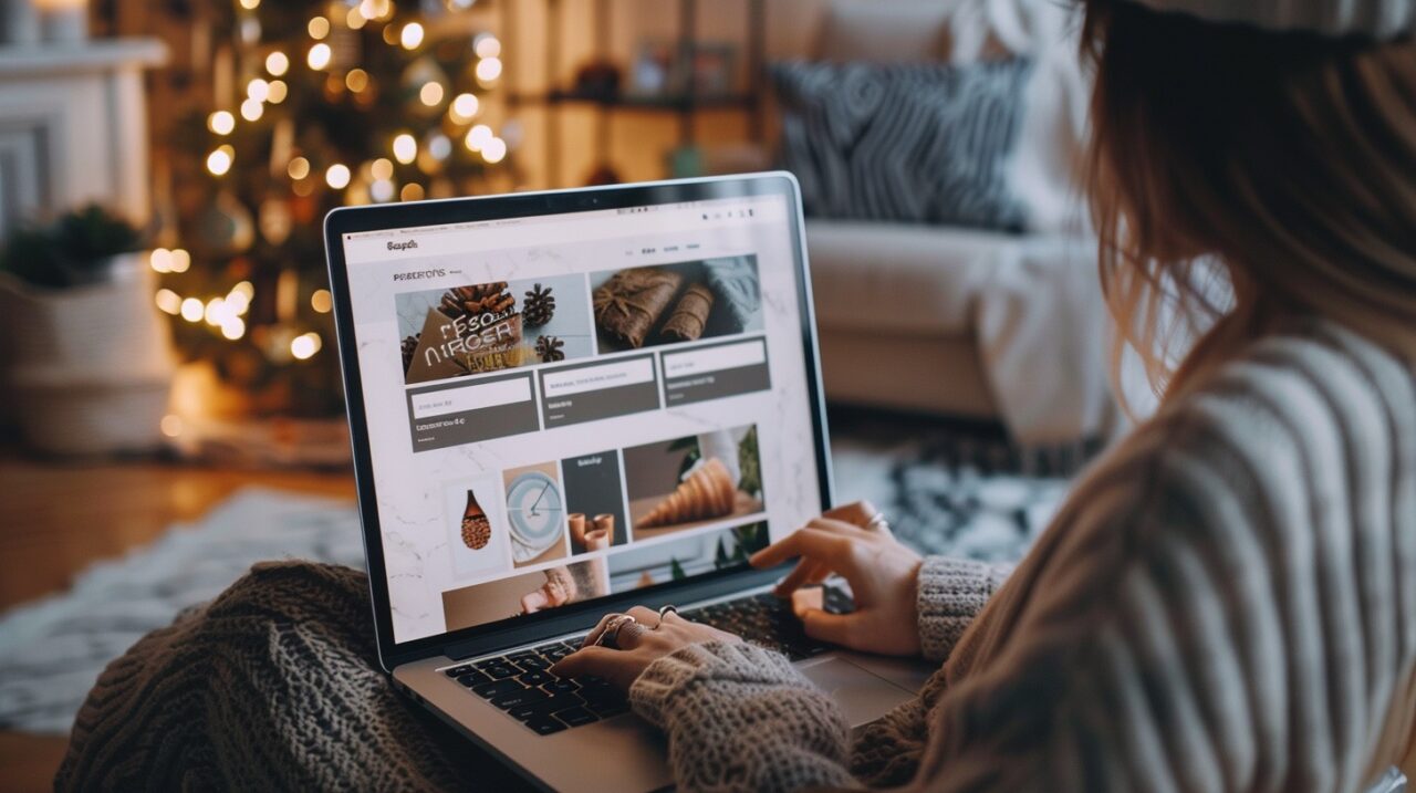 Woman browsing festive website on laptop at home