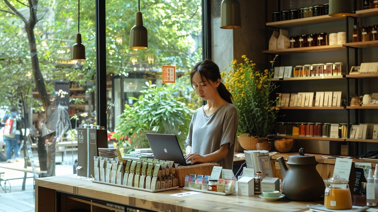 Woman working on laptop in cozy Melbourne café