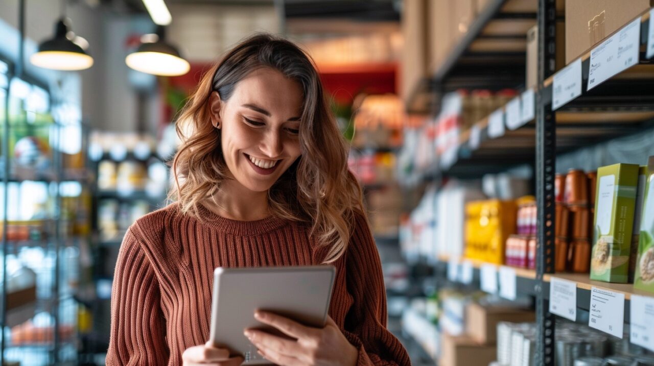 Woman using tablet in Australian grocery store