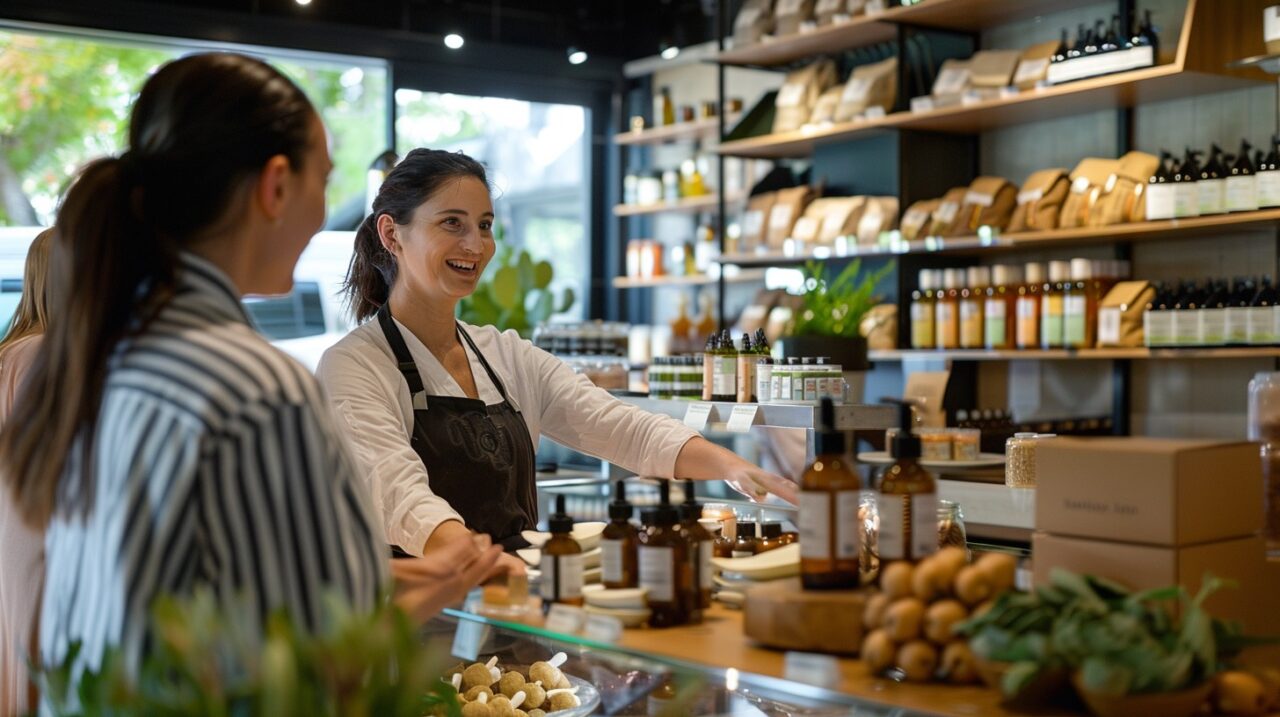 Friendly staff serving customer in boutique grocery store