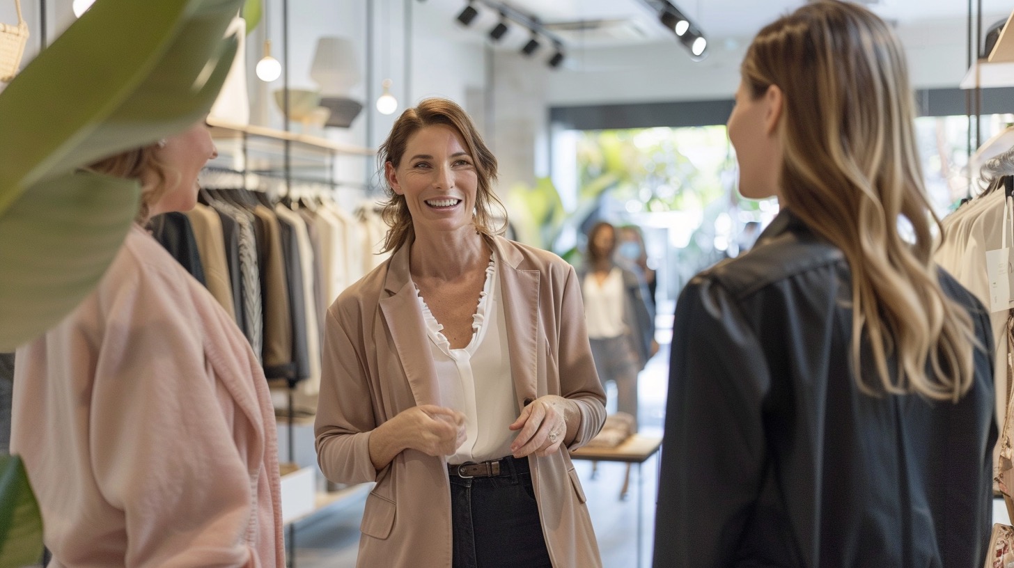 Women chatting in a bright clothing store