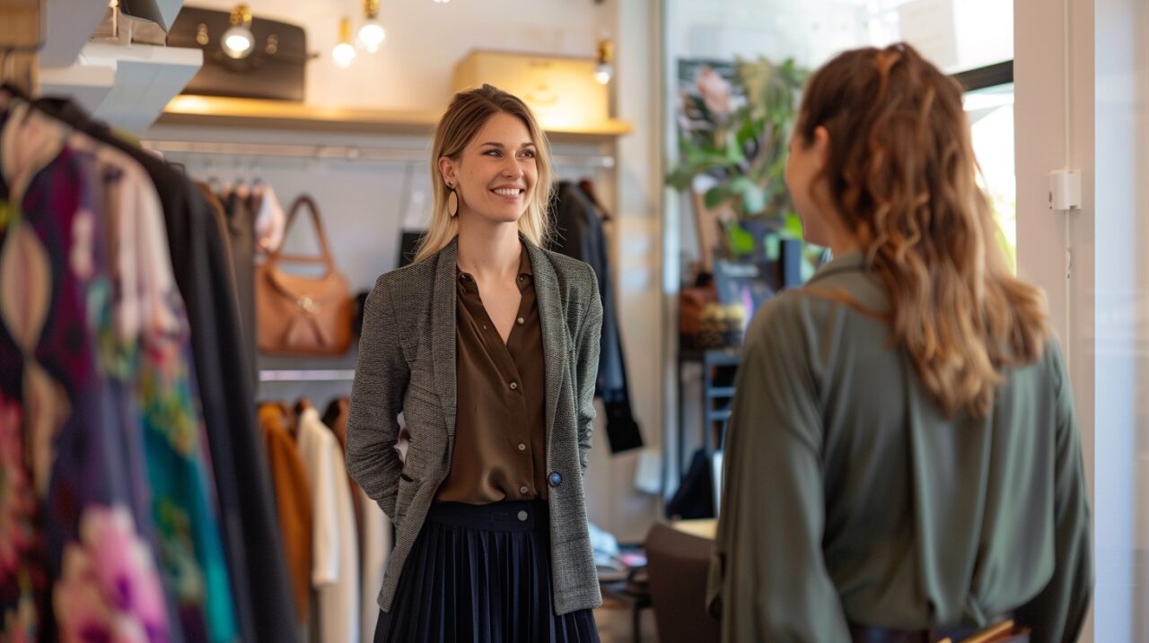 Women chatting in stylish clothing store