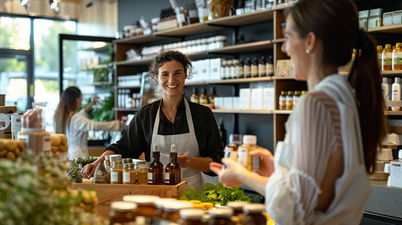 Smiling woman serving in Australian organic food store