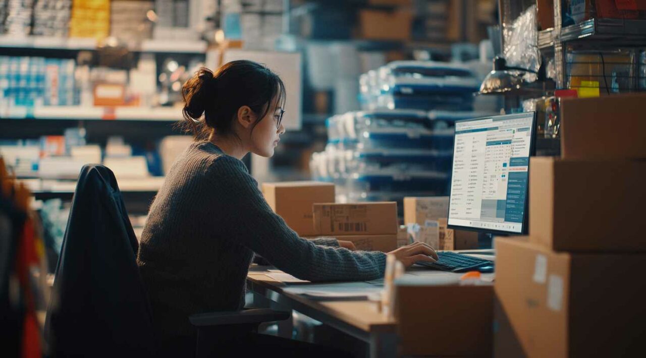 Woman working at computer in warehouse office