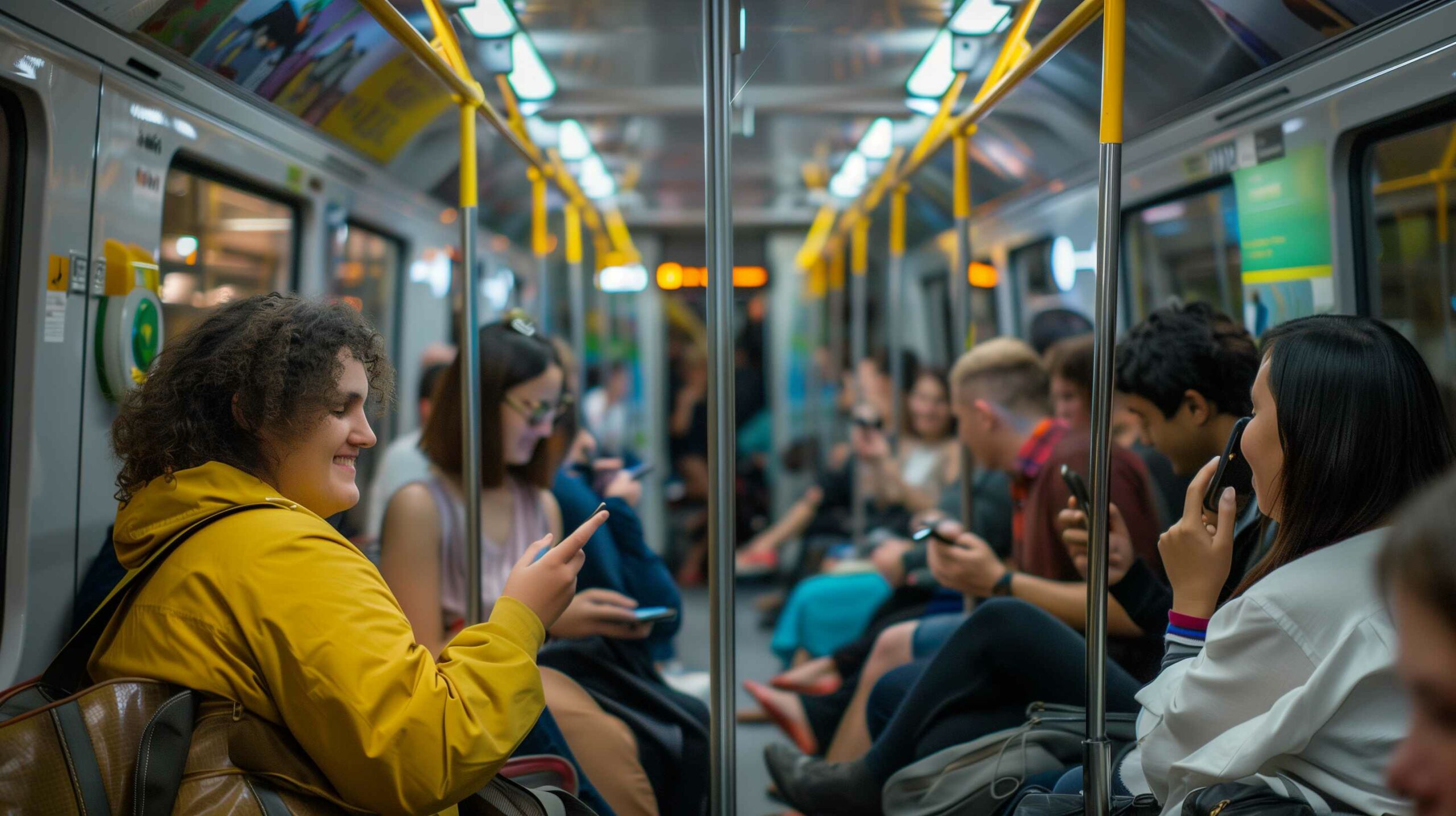 Diverse passengers using smartphones on busy train