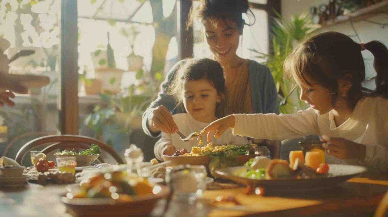 Family enjoying meal together in sunny dining room