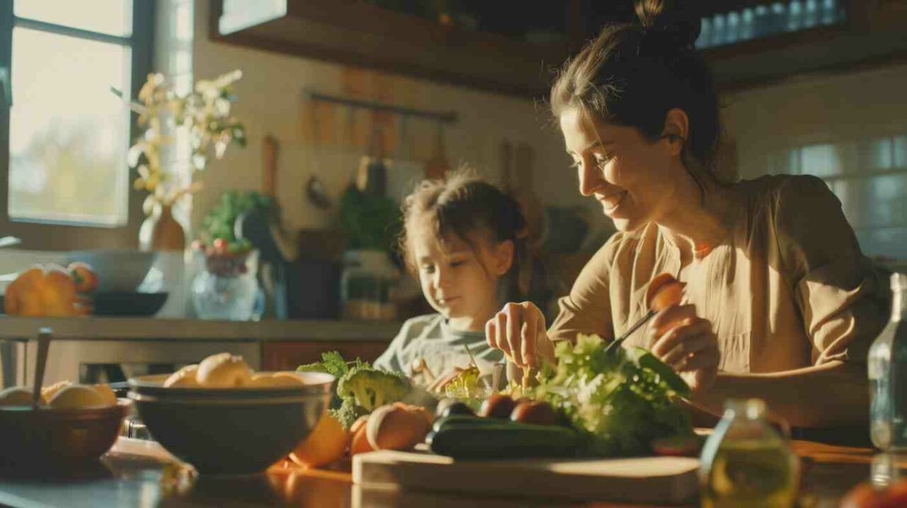 Mother and child cooking together in sunny kitchen