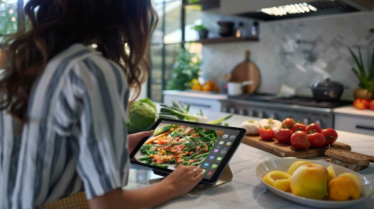 Woman using tablet for cooking in modern kitchen