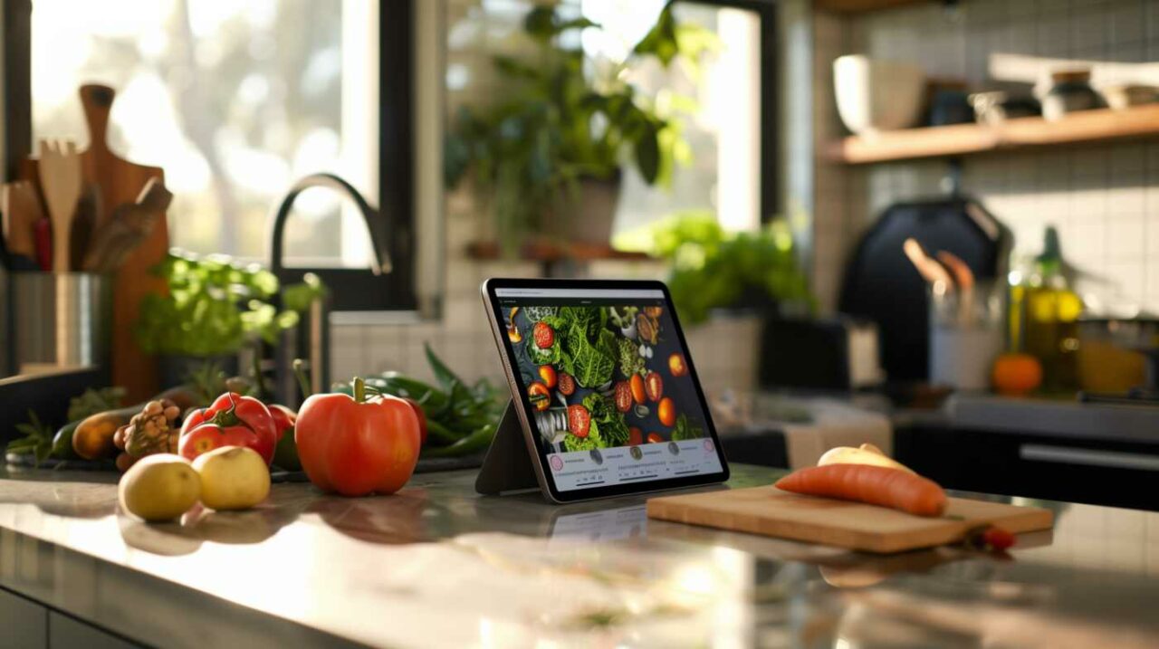 Tablet displaying recipes surrounded by fresh vegetables in kitchen