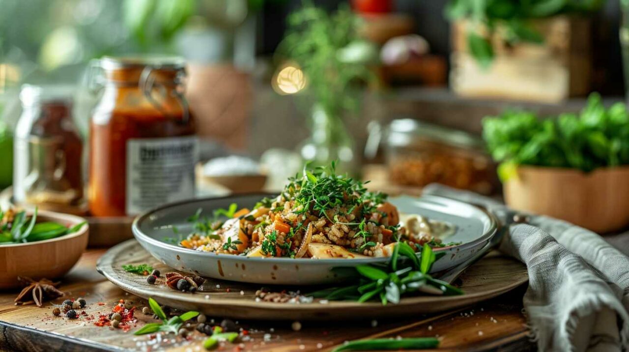 Fresh gourmet vegetarian meal on rustic table