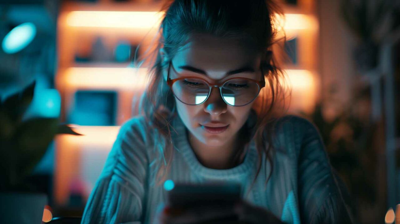 Woman reading smartphone at night, warm ambient lighting