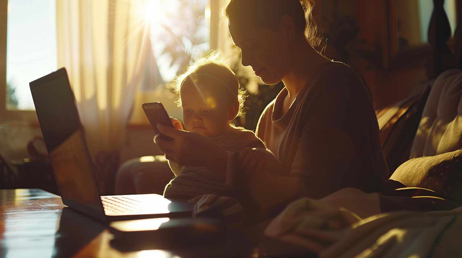 Mother and baby using smartphone by sunny window