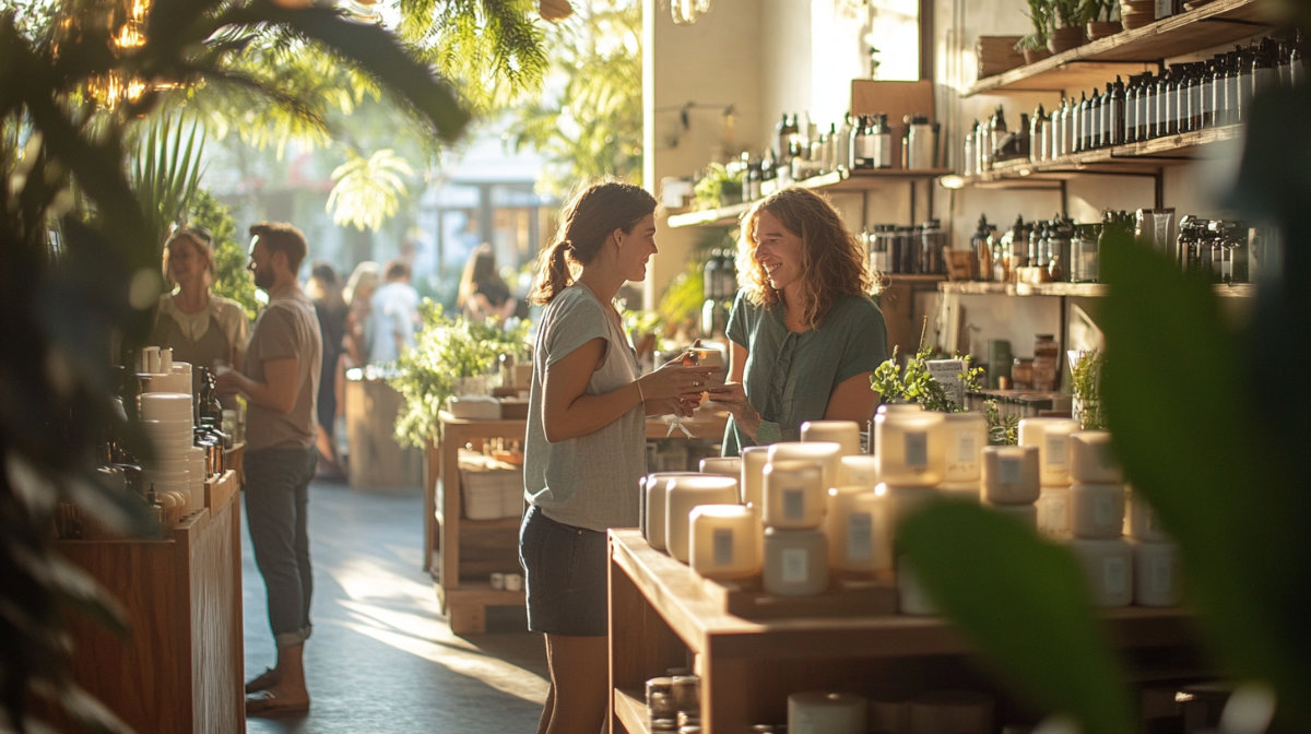 Women chatting in sunlit boutique with candles and plants