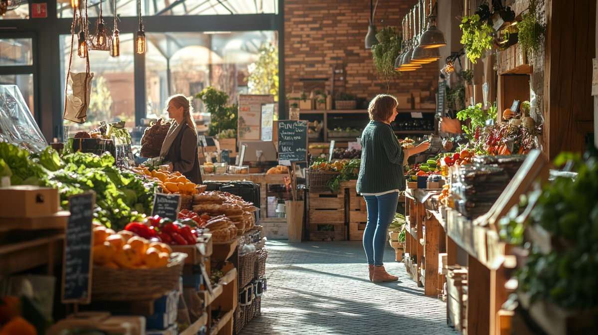 Bustling indoor market with fresh produce and shoppers