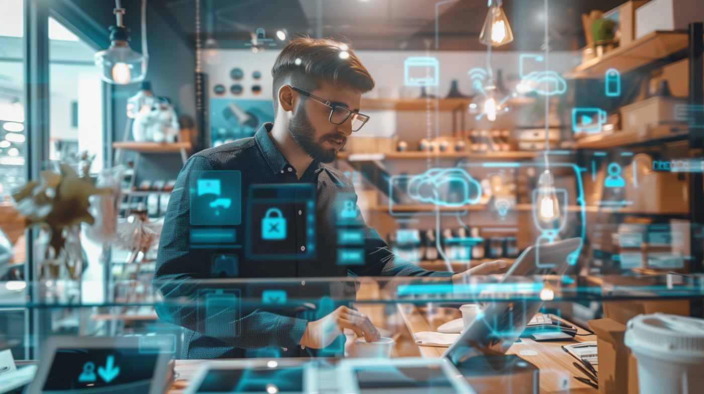 Man using futuristic digital interface in office