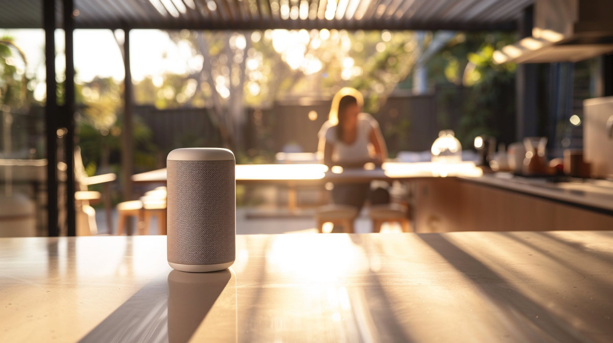 Smart speaker on table, woman working in background