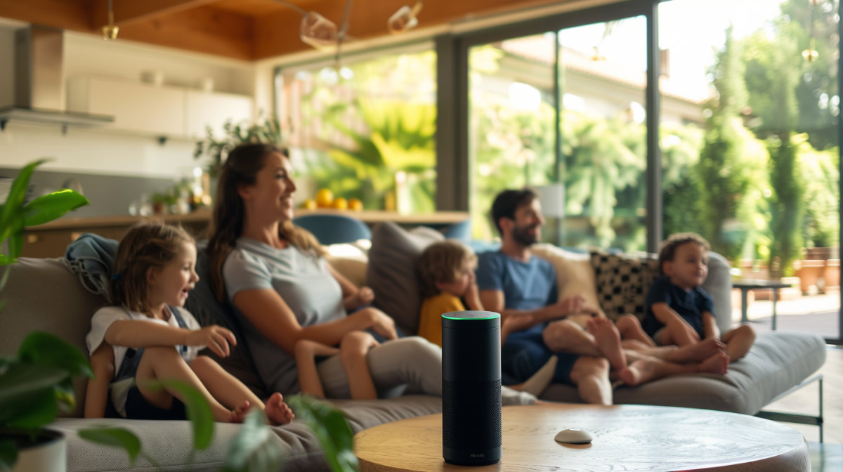 Family enjoying time in living room with smart speaker