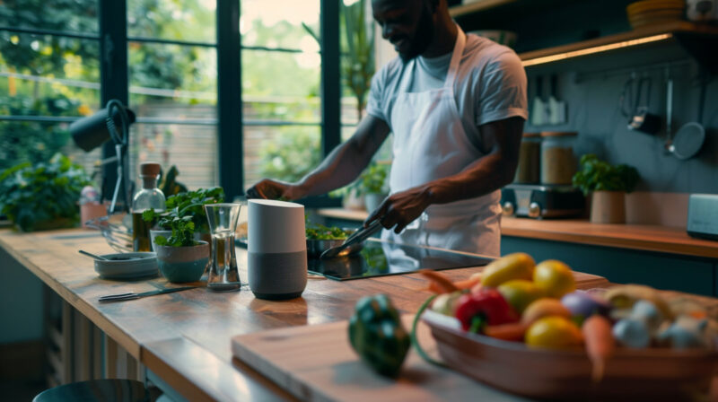 Chef preparing food in sunny kitchen with fresh veggies