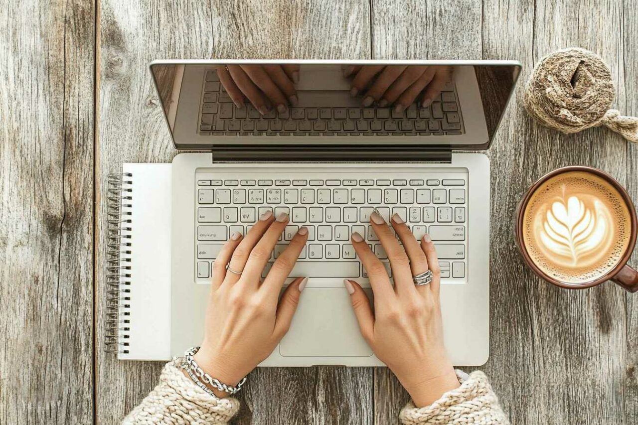 Person typing on laptop with coffee on wooden table