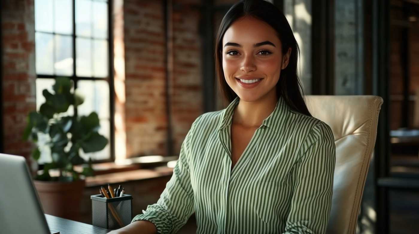 Smiling woman working on laptop in modern office