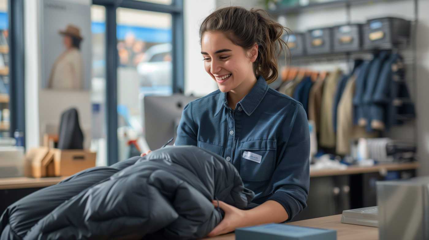 Smiling woman folding jacket in clothing store