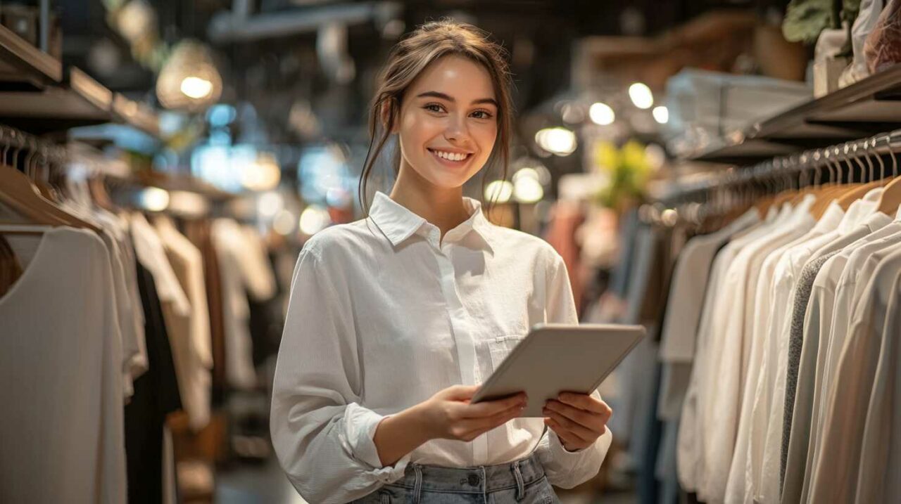 Woman using tablet in a clothing shop